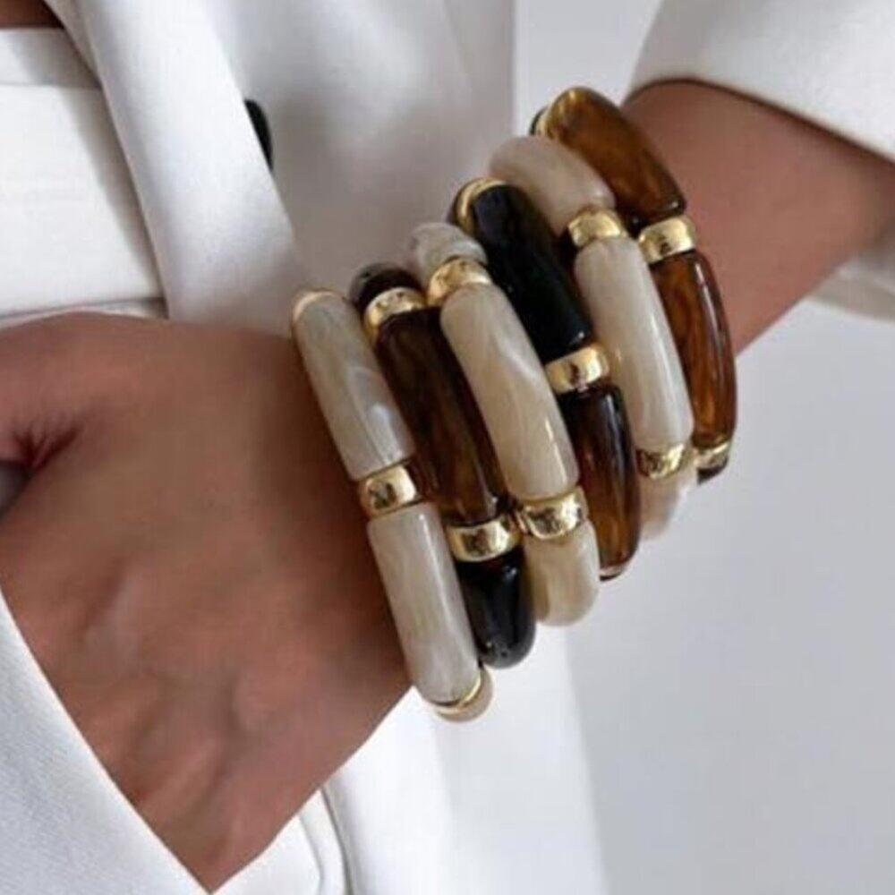 6pcs Chunky Acrylic Bangle Bracelets Resin Bamboo Brown and Pearl White Tone